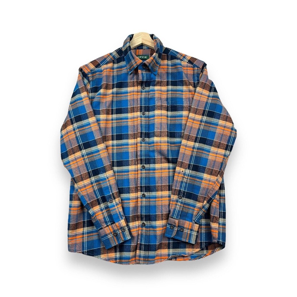 Orvis Men's Heavy Flannel Blue Orange White Long Sleeve Button Down Size M